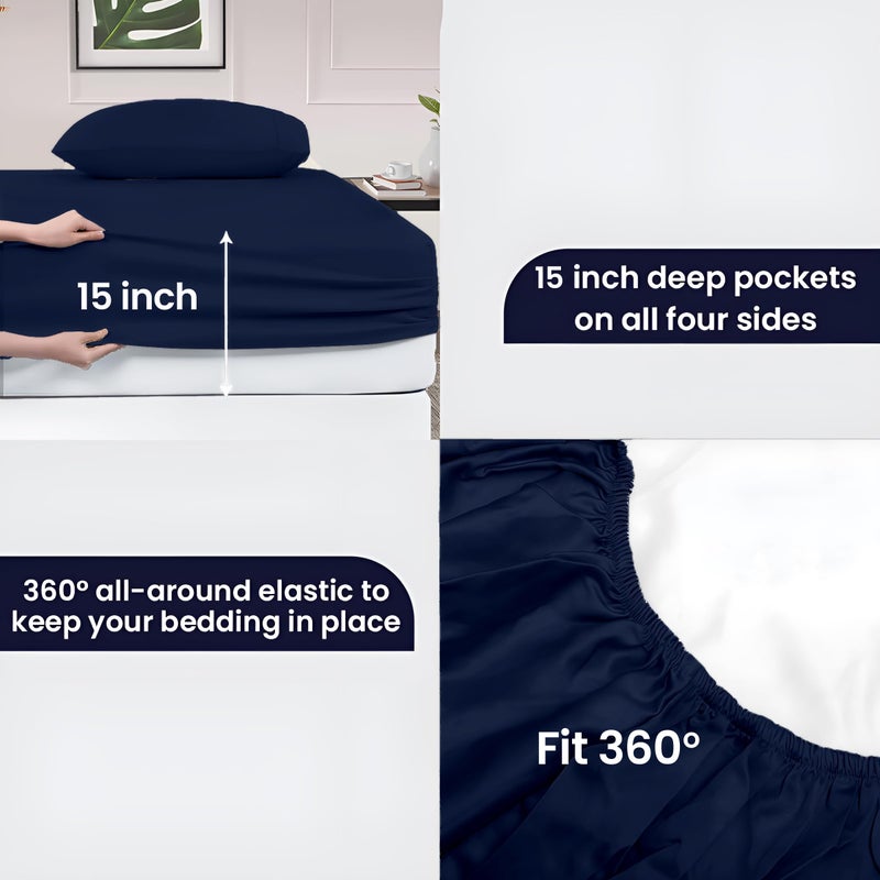 SGI bedding 600 Thread Count 4 Piece 100% Egyptian Cotton RV King Size Sheets Set, 15" Deep Pocket Sheet Set, Premium, Breathable, Soft and Hotel-Quality Luxury Sheets - Navy Blue - Image 5